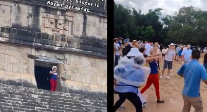 Arremeten contra Lady Chichén Itzá tras subir a pirámide de Kukulkán pese a estar prohibido | VIDEO